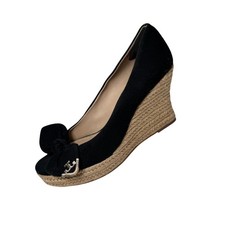 Tory Burch Dory Black Canvas Wedge Espadrille Gold Logo Size 7.5