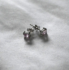 Pink Cubic Zirconia Stud Earrings - Sterling Silver Backing Princess Cut 