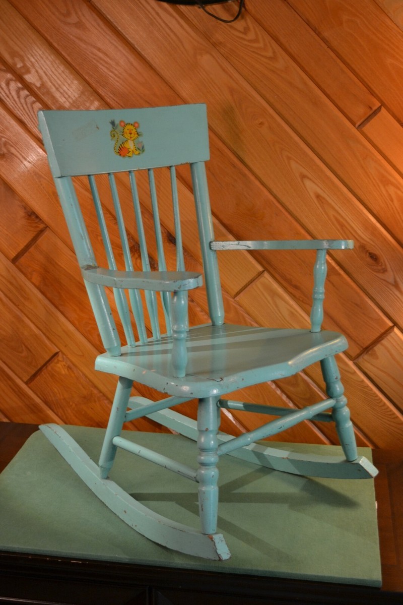 Vintage 1960s Children's Kid's Rocking Chair Painted Aquamarine