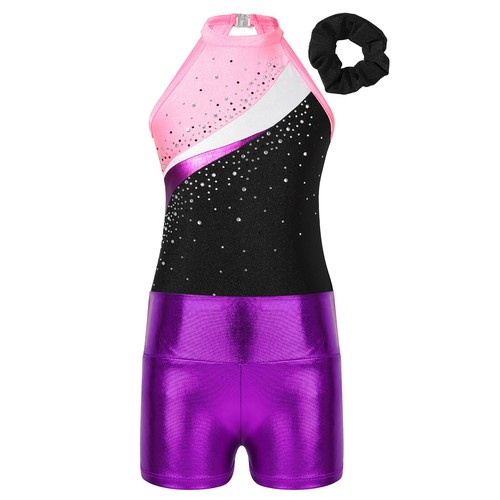 Kids Girls Gymnastic Leotard Shiny Biketard Unitard with Shorts Hair Tie Set - Picture 29 of 40