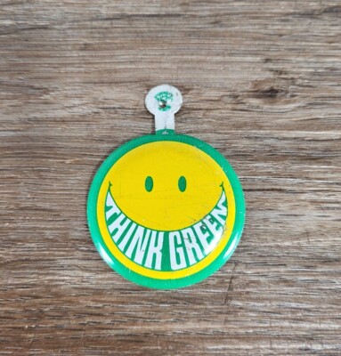 Vintage Think Green Tin Pin Smiley Face 1.5''