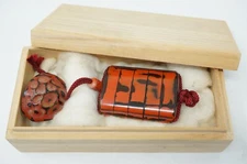 Japanese Inro with Lotus Netsuke & Stone Ojime in Nice Box from Japan 0130F5