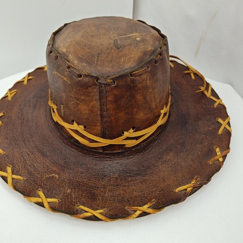 Unisex Handcrafted Brown Rustic Leather Western Hat Mexico Needs New Lacing - Picture 2 of 11