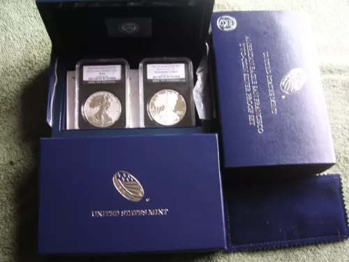 2012-S REVERSE PROOF SILVER EAGLE NGC PF69 & ENHANCED SP69 2 COIN SET BOX & COA