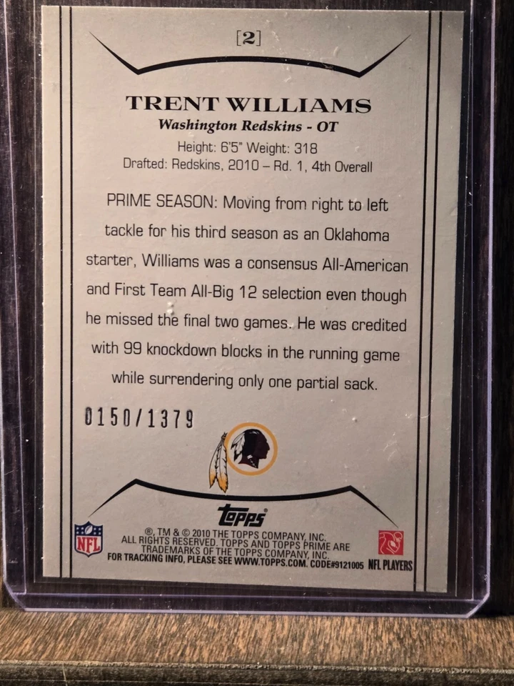 2010 Topps Prime Retail Bronze #D /1379 Trent Williams #2 Rookie RC SP - Image 2 of 2
