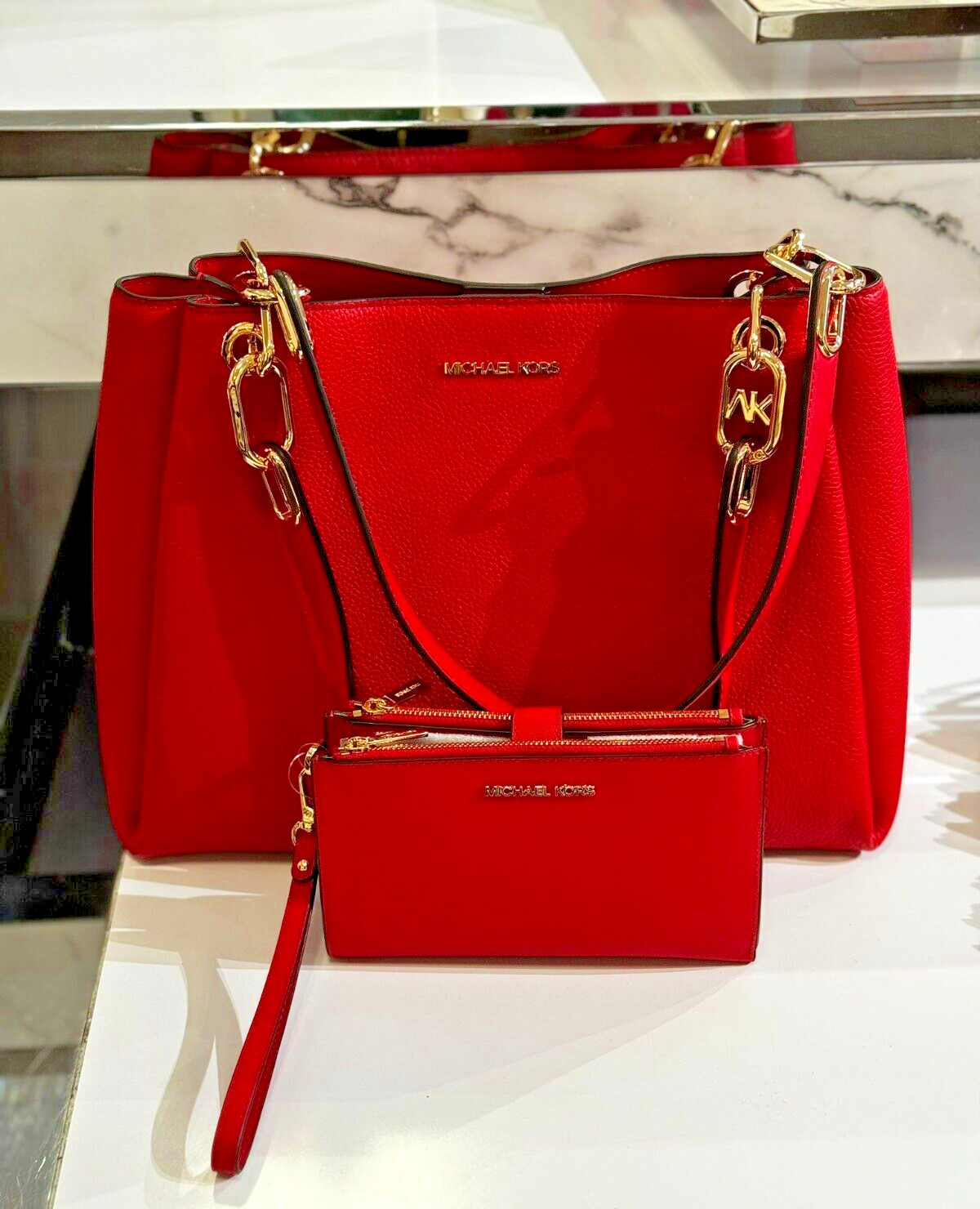 Michael Kors Trisha Large Leather Shoulder Bag + Double Zip Wristlet Wallet Set