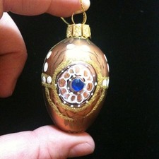 Poland Blown Glass Jeweled Hand Painted Gold Egg Christmas Ornament 2.25"