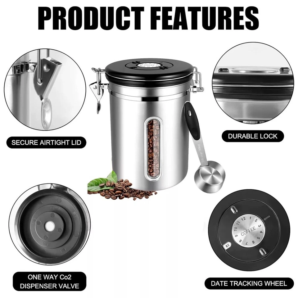 Kaffeedose 1,8 Liter Kaffeebehälter Edelstahl Aromadose Luftdicht mit Löffel DE - Bild 3 von 4