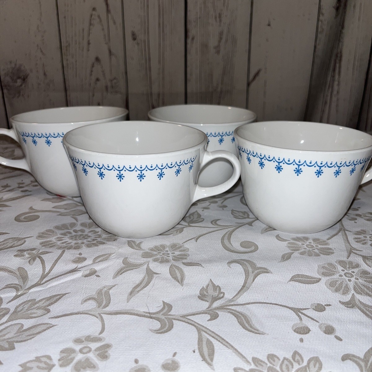 Vintage Corelle Corning Blue Snowflake White Coffee Cup Set of