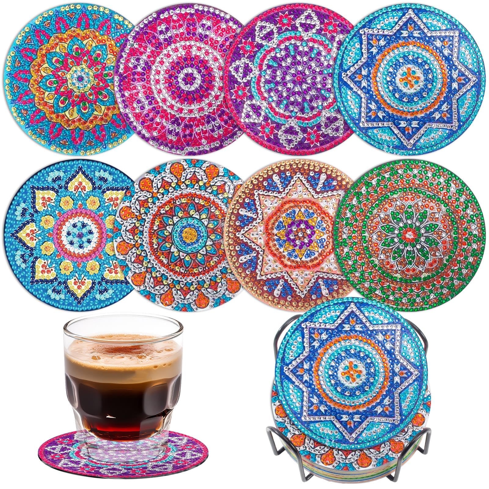 Bohemian Diamond Art Coasters Kits 8 Pcs Diamond Painting Coasters with Holde...