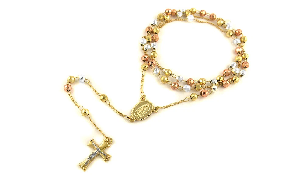 Collar con dije de cruz de Jesús rosario talla diamante 24" enchapado en oro amarillo y rosa de 18 quilates Foto 2 de 3