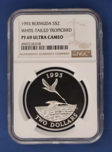 1993 Bermuda Silver Proof $2 coin "White Tailed Tropicbird" NGC PF69 with COA