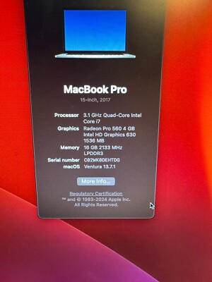 Apple MacBook Pro 15'' A1707 2017 3.1 GHz i7 16GB  2TB Logic Board 820-00928-A