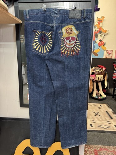 VTG Y2K Eight 732 Skull Embroidered Baggy Wide Leg Skater Jnco Denim Pants Sz 44
