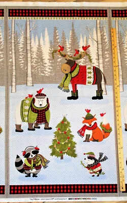 WILMINGTON PRINTS Cozy Critters Raccoon Fox Moose Bear Winter Cotton Fabric 24" Panel #11160