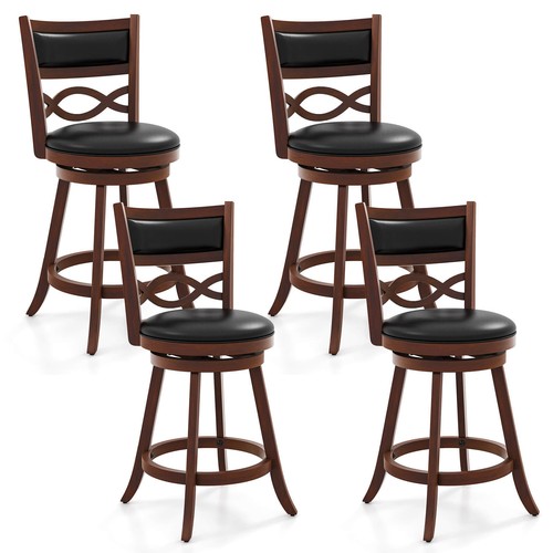 24 Inch Bar Stools Set of 4 w/ Rubber Wood Frame Faux Leather Upholstered Seat