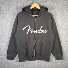 Vintage Fender Hoodie Mens Medium Black 90s Guitar Zip Up Faded Promo Music