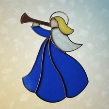 VTG Stained Glass Sun Catcher Angel w/Horn Ornament Handcrafted Christmas 9.5  