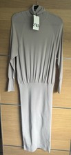 Zara Size M Stone High Neck Long Sleeves Bat Wing Knit Midi Dress Bnwt BG1