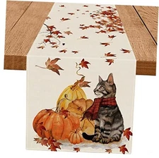Fall Table Runner Pumpkins Cat Maple Leaf Autumn Harvest Seasonal Thanksgiving 