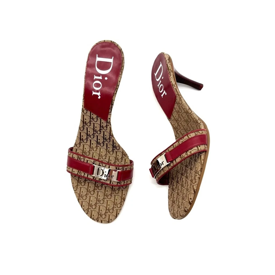 NIB Vintage Dior Diorissimo John Galliano Red Monogram Mule Heeled Sandals 40