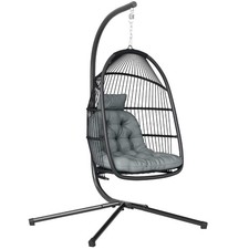 Outsunny Rattan Hanging Egg Chair with Stand, Cushion, Dark Grey