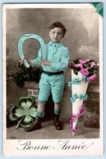 1910's RPPC BONNE ANNEE NEW YEAR HORSESHOE 4 LEAF CLOVER HAND-COLORED POSTCARD