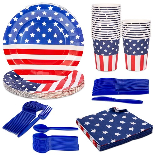 144 Pcs Patriotic Party Supplies Set - Includes 24 Plates, 24 Napkins, 24 Pap...
