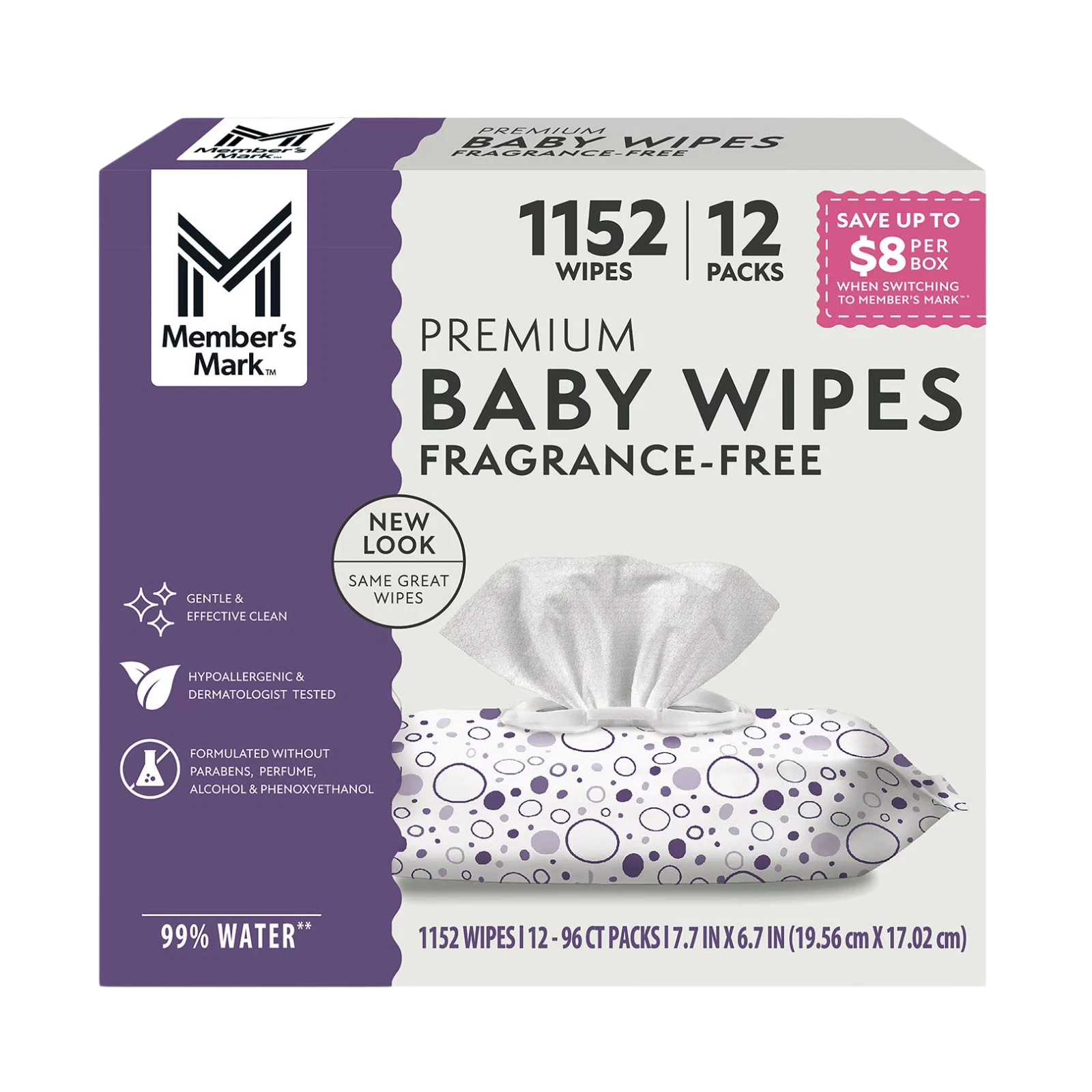 Member's Mark Premium Baby Wipes Fragrance-Free 1152 Ct 12 Packs 99% Water