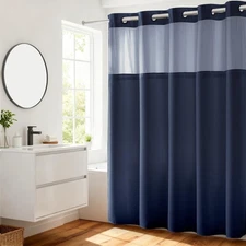 Navy Blue Dotted Waffle Weave Shower Curtain with Snap Liner - 71x74