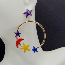 Stars Crescent Moon Colorful Enamel Metal Gold Tone Round Hoop Pierced Earrings