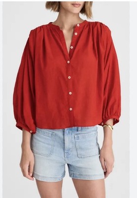 MADEWELL Shirred Balloon-Sleeve Top M Red Button-Up Blouse New Boho Peasant