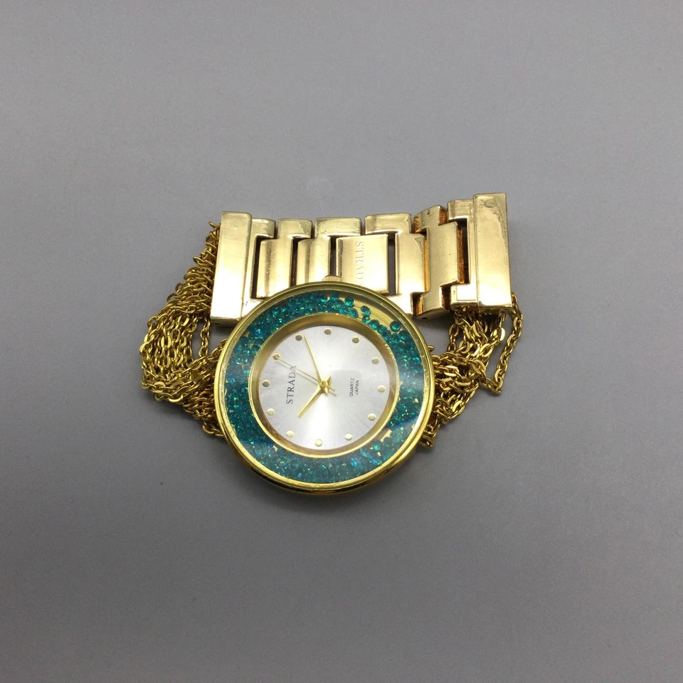 Reloj Strada Mujer Tono Dorado Cadena Pulsera Cristal Turquesa Batería Nueva 7.75" Foto 4 de 4