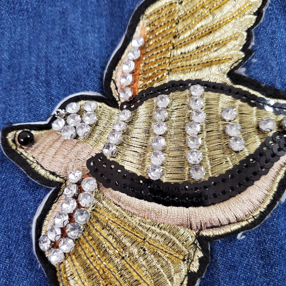 Chaleco Denim Ashley Mason Distressed Mujer M Parche Pájaro Dorado Vaquera Boho Años 90 Foto 4 de 4