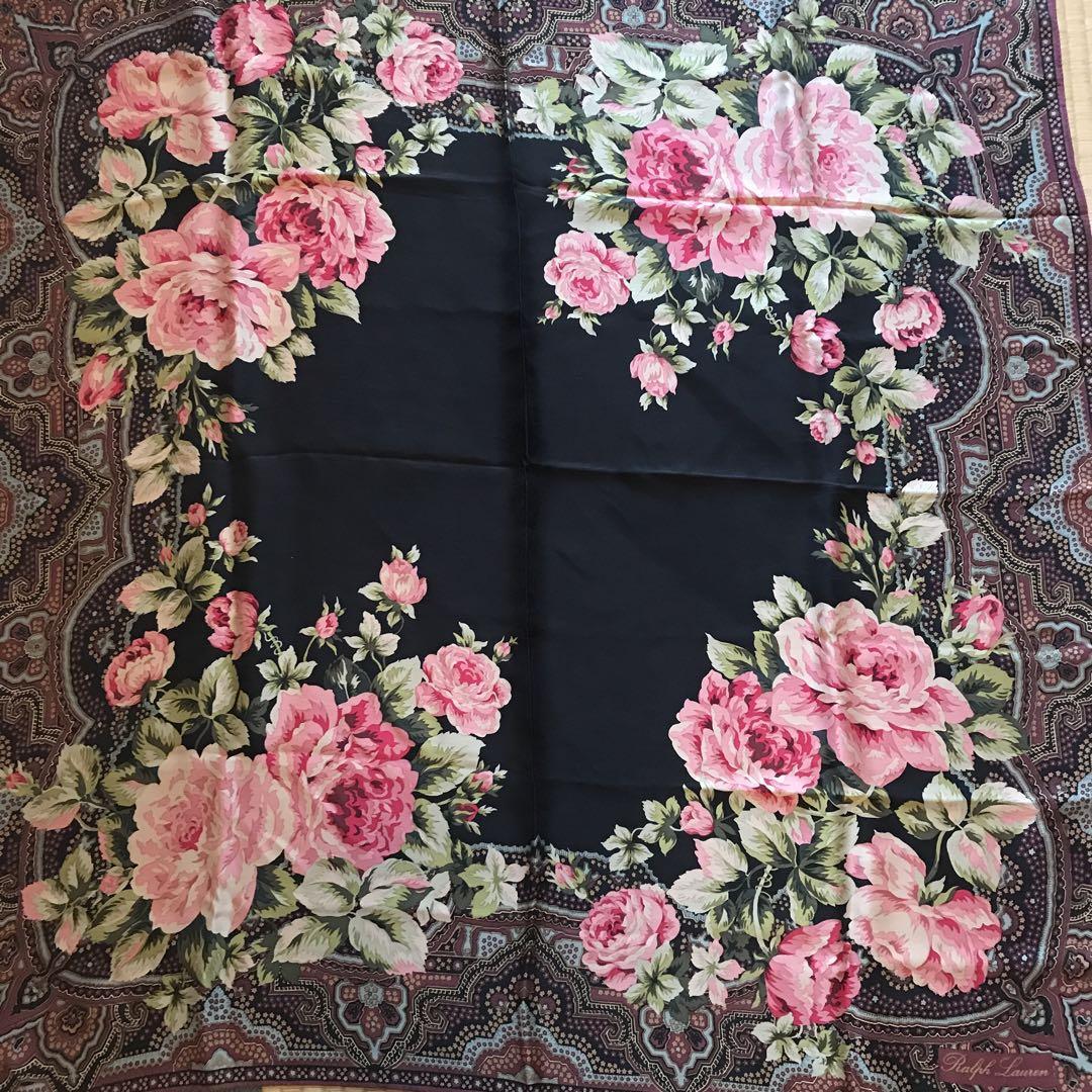 Ralph Lauren large scarf silk 88cm 34″ square flower black pink