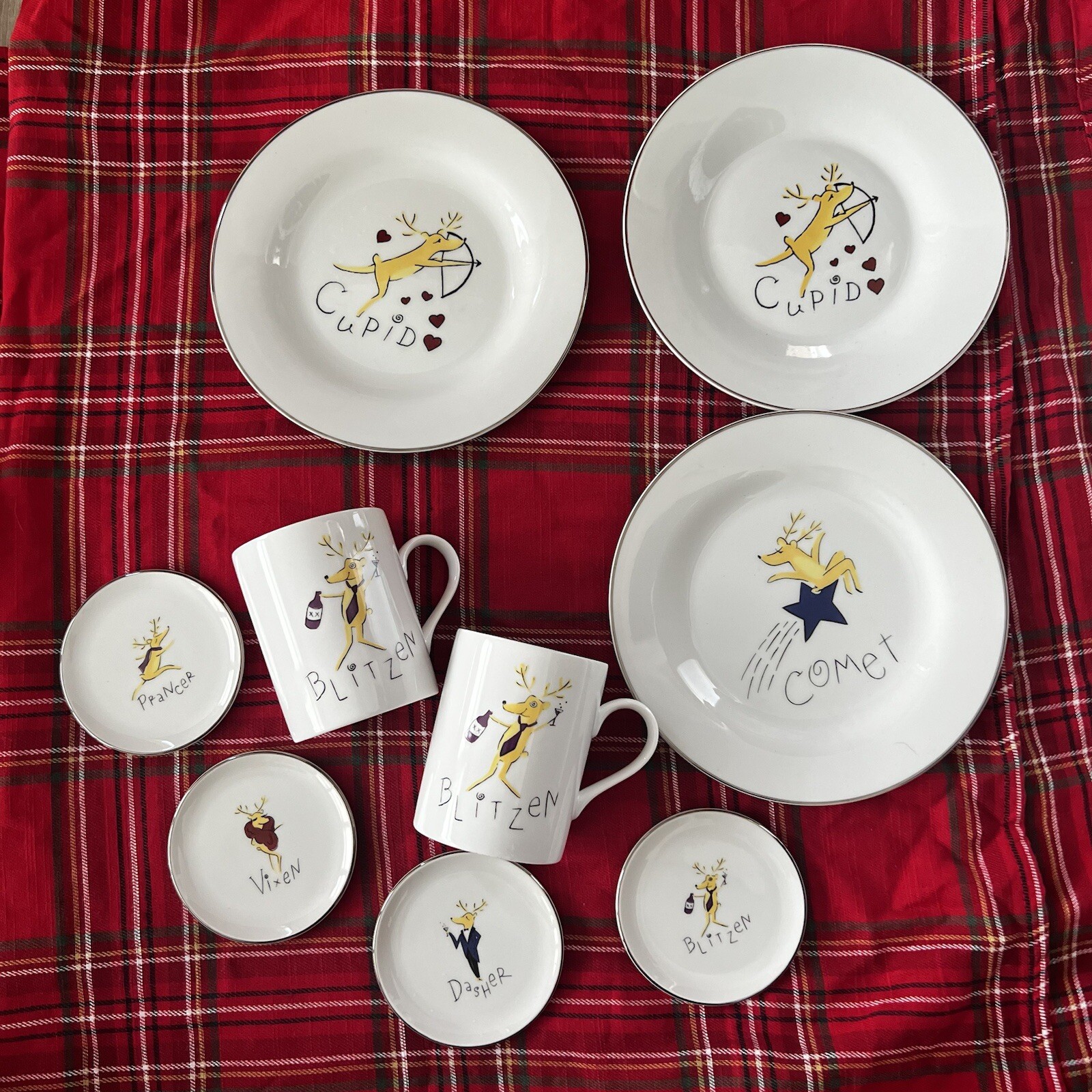 Pottery Barn Reindeer Holiday Dishes - 9 Piece Set With Plates And Mugs