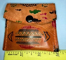 Leather Mini Coin Change Purse Brown Embossed Elephants. Made In India 3" x 3"