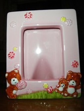Vintage OOAK Attic Find Porcelain Pink BABY Picture Frame 3-D Flower Teddy Bear