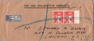 1949 Bathurst Gambia Registered Crossed Airmail cover To USA Illinois Chicago
