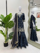 Traditional Wear Heavy Chinon Top Palazzo And Navy Blue Dupatta For Women Girls