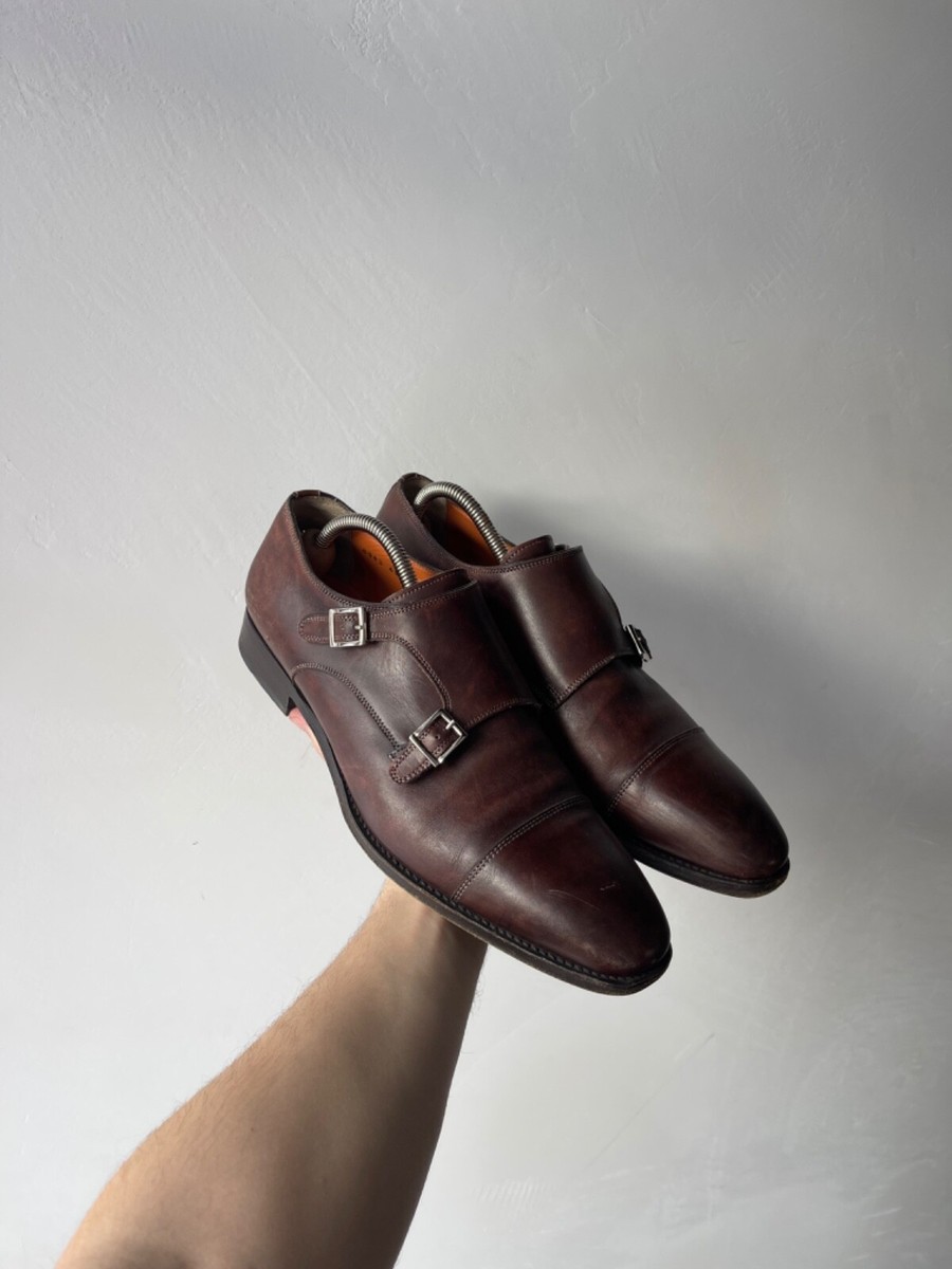 Santoni Double Monk Dress Shoes Mens Size 8 brown Leather