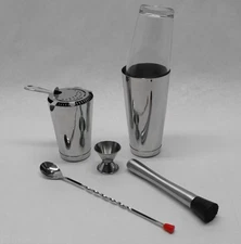 7 Piece BOSTON SHAKER SET Strainer, Muddler, Spoon, Jigger, WEIGHTED Tin Bar Kit