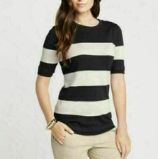 NWT Ann Taylor shoulder buttons short sleeves Black Beige bold stripe Sweater S