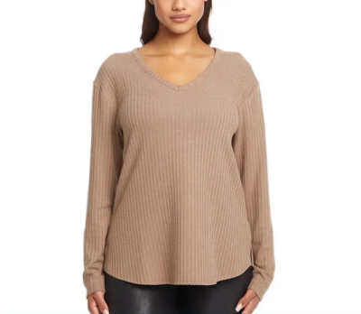 NWT Chaser Women's Long Sleeve Waffle Knit Thermal Top Tan