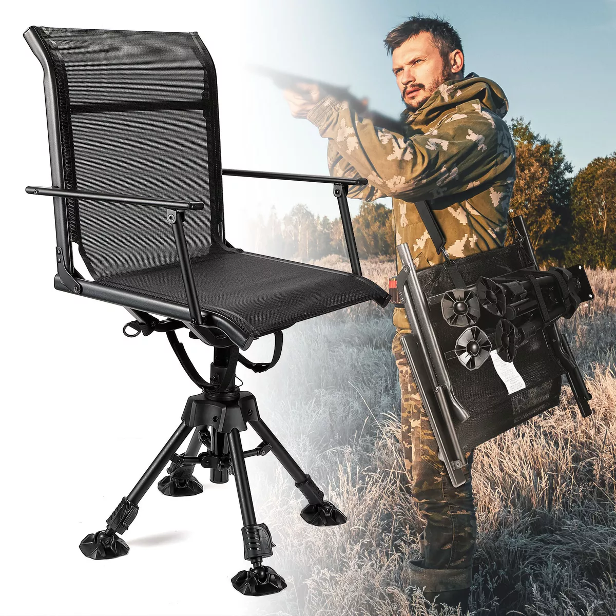 Foldable 360 Swivel Hunting Chair Folding Blind Chair Seat w Armrests Camping
