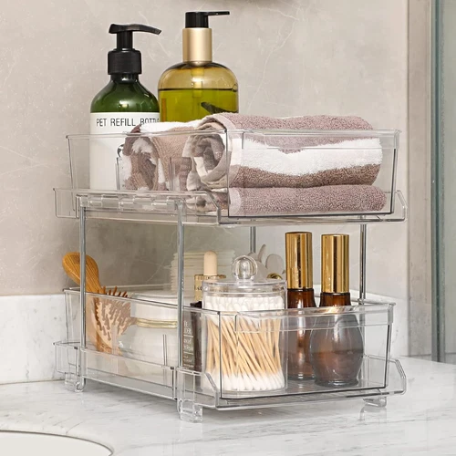 2Set*2-Tier Clear Storage Shelf Box Kitchen Bathroom Desk Available Push-Pull AU - Picture 8 of 9