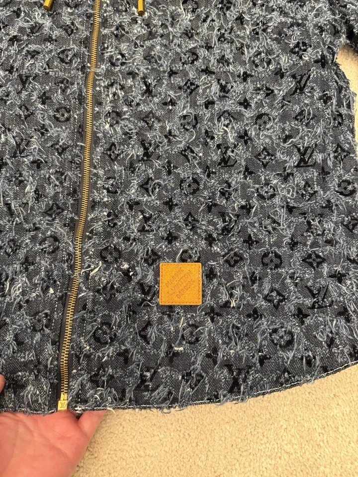 Louis Vuitton 男式绒面牛仔连帽衫拉链 Monogram 靛蓝蓝色 46 码 — 第 3/4 张图片