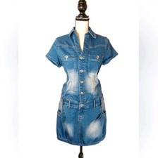 Venus Y2K Blue Denim Mini Button Up Distressed Denim Stretch Jean Dress 4