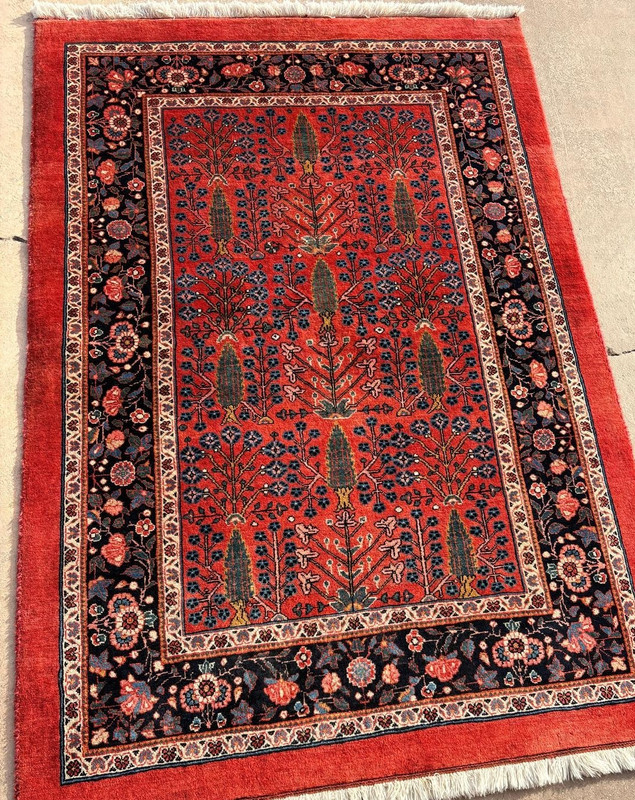 Antique Hand-woven Coral Red wool rug Cedar Floral & Trees  Oriental wool carpet