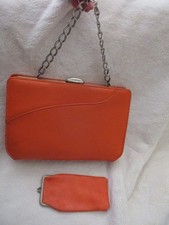 Vintage 60s Purse Mod Orange Vinyl Handbag Unbranded Matching Eyeglass Case